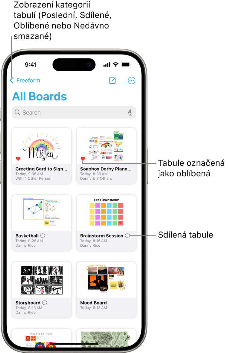 Miniatury osmi tabulí na otevřené obrazovce Všechny tabule v aplikaci Freeform