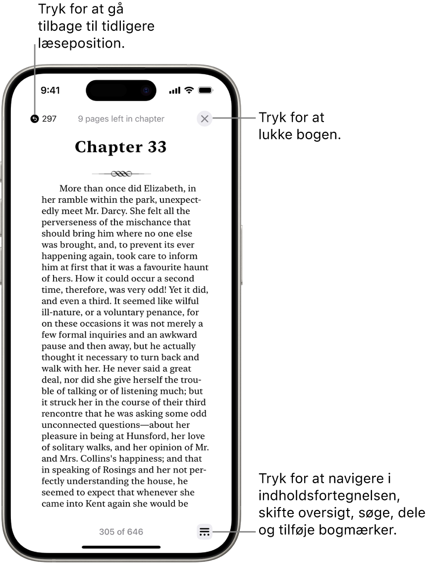 En side fra en bog i appen Bøger. Øverst på skærmen er knapperne til at gå tilbage til siden, hvor du begyndte at læse, og til at lukke bogen. Nederst til højre på skærmen findes Menuknappen.