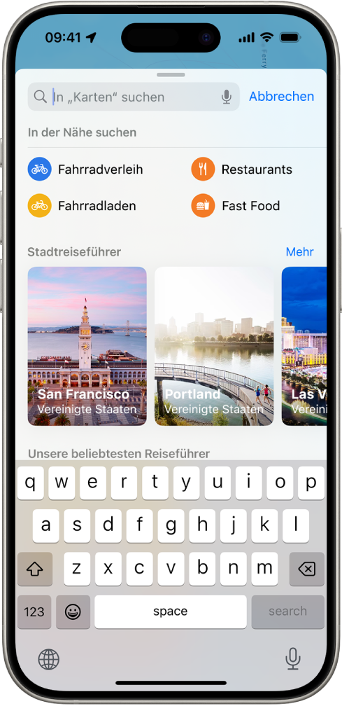Die App „Karten“ zeigt das Suchfeld, Kategorien für Dienstleistungen in deiner Nähe sowie Städteführer. Im unteren Bereich befindet sich die Bildschirmtastatur des iPhone.