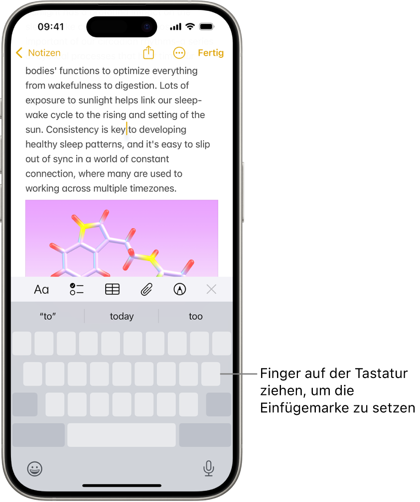 Ein Dokument ist in der App „Notizen“ geöffnet. Die Bildschirmtastatur befindet sich in der unteren Bildschirmhälfte und ist im „Trackpad-Modus“.