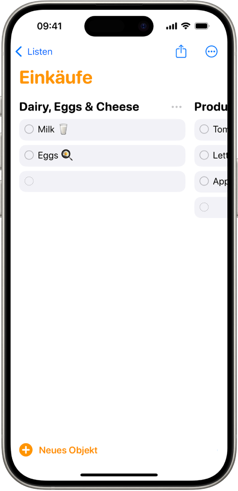 Die App „Erinnerungen“ mit einer Einkaufsliste, deren Kategorien in Spalten angeordnet sind.