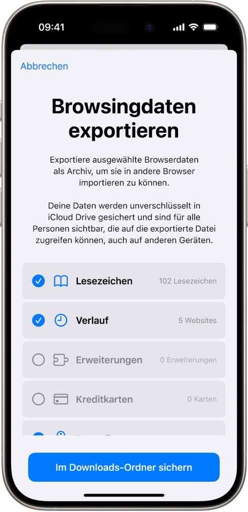 Der Bildschirm „Browsingdaten exportieren“ mit den Daten, die du von Safari in einen anderen Browser exportieren kannst.