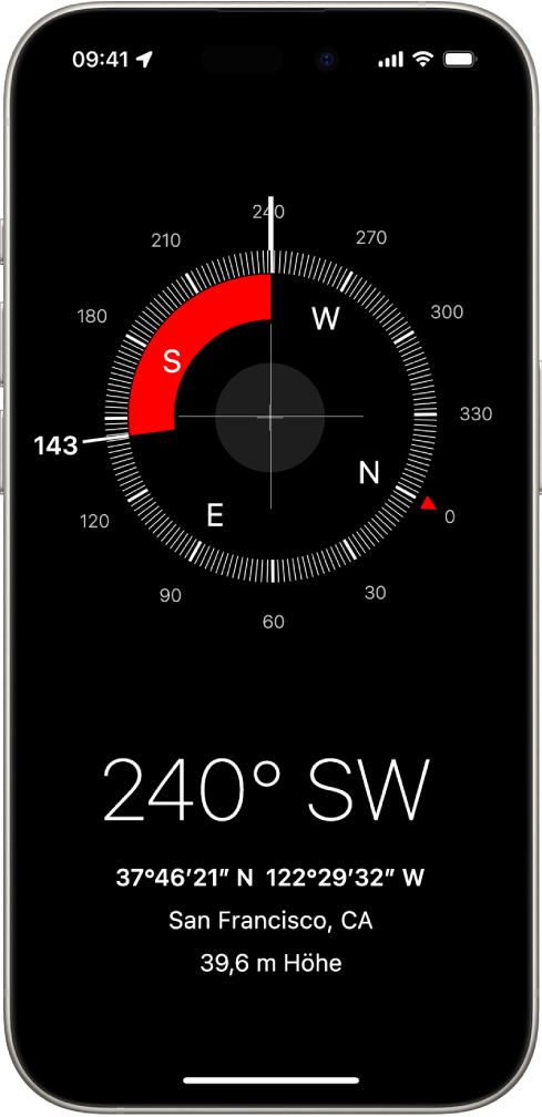 Die App „Kompass“ mit der Richtung, in die das iPhone zeigt, sowie den Koordinaten und der Höhe des aktuellen Standorts.