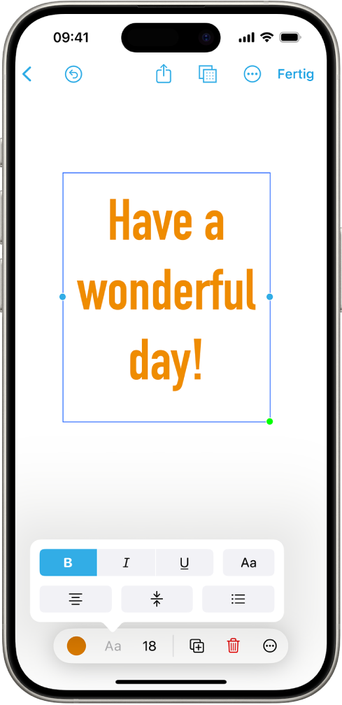 Ein Freeform-Board mit einem ausgewählten Textfeld und den Werkzeugen für die Textformatierung darunter.