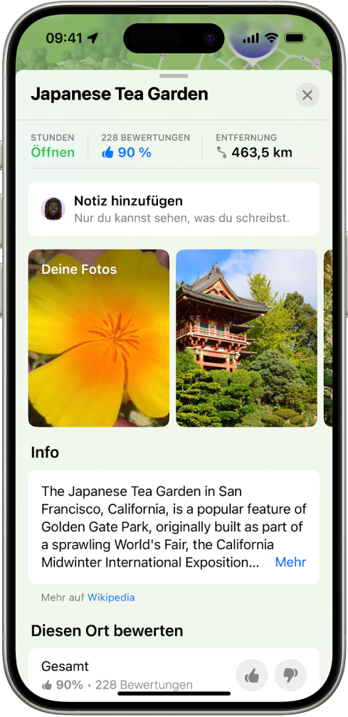Eine Ortskarte mit einer Gesamtbewertung für einen Ort, Fotos und Tasten zum Bewerten des Ortes.