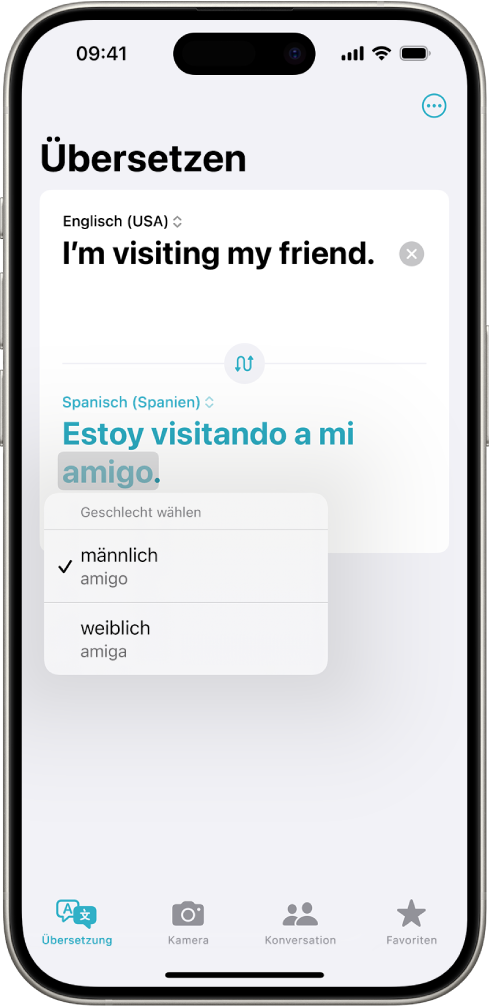 Der Tab „Übersetzen“ mit einem Satz, der vom Englischen ins Spanische übersetzt wurde, und einem Wort in grauer Hervorhebung, unter dem verschiedene Geschlechtervarianten aufgelistet sind.