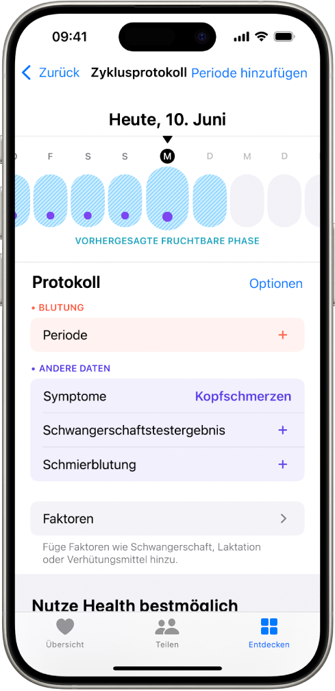 Der Bildschirm „Zyklusprotokoll“. Im oberen Bereich befindet sich eine Zeitleiste mit einer voraussichtlichen Fruchtbarkeitsphase. Unter der Zeitleiste befinden sich Optionen zum Hinzufügen von Informationen über Perioden, Symptome und mehr.