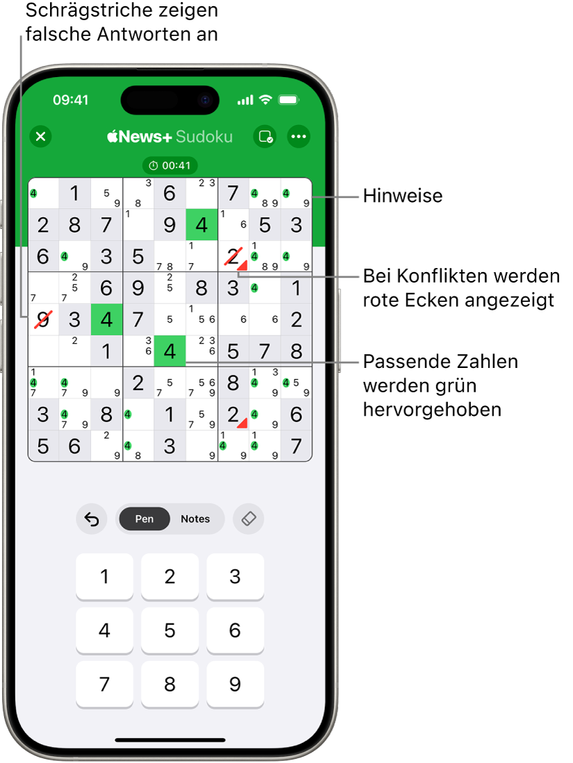 Ein Sudoku-Rätsel mit mehreren aktivierten Funktionen: „Notes“, „Highlight Matching Numbers“, „Show Conflicts“ und „Autocheck“.