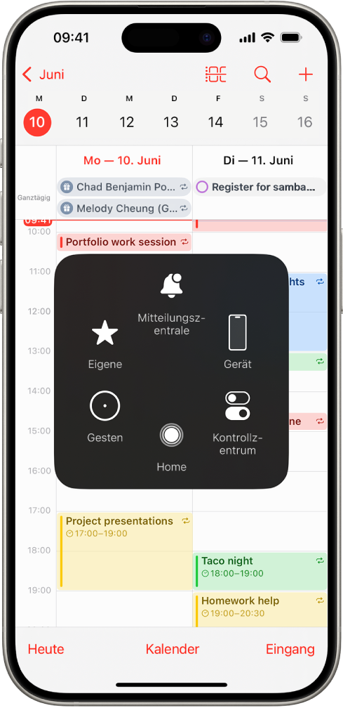 Ein iPhone mit dem angezeigten Menü für AssistiveTouch und den Steuerelementen „Mitteilungszentrale“, „Gerät“, „Kontrollzentrum“, „Home“, „Gesten“ und „Eigene“.