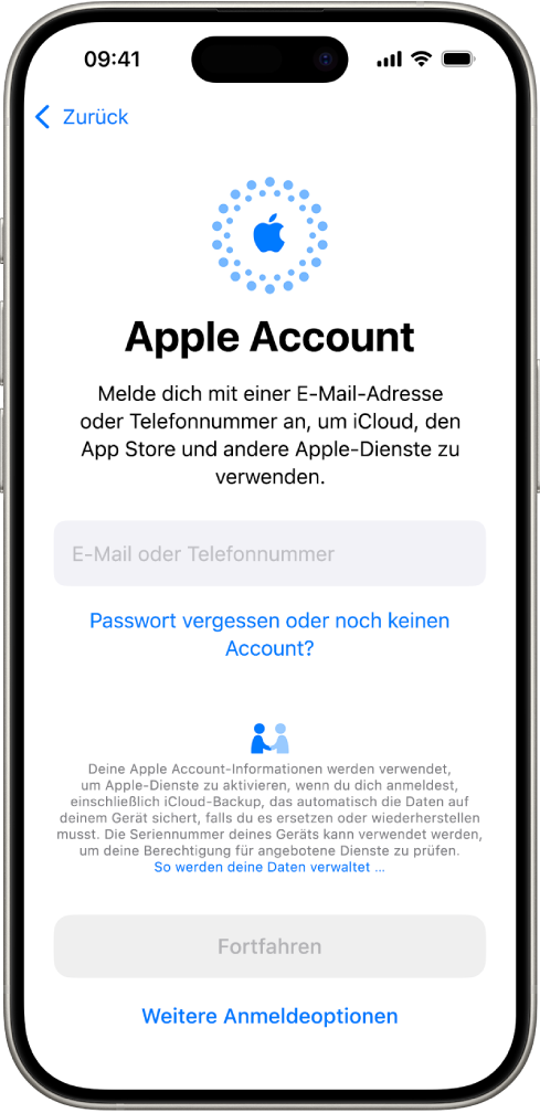 Der Anmeldebildschirm für den Apple Account.