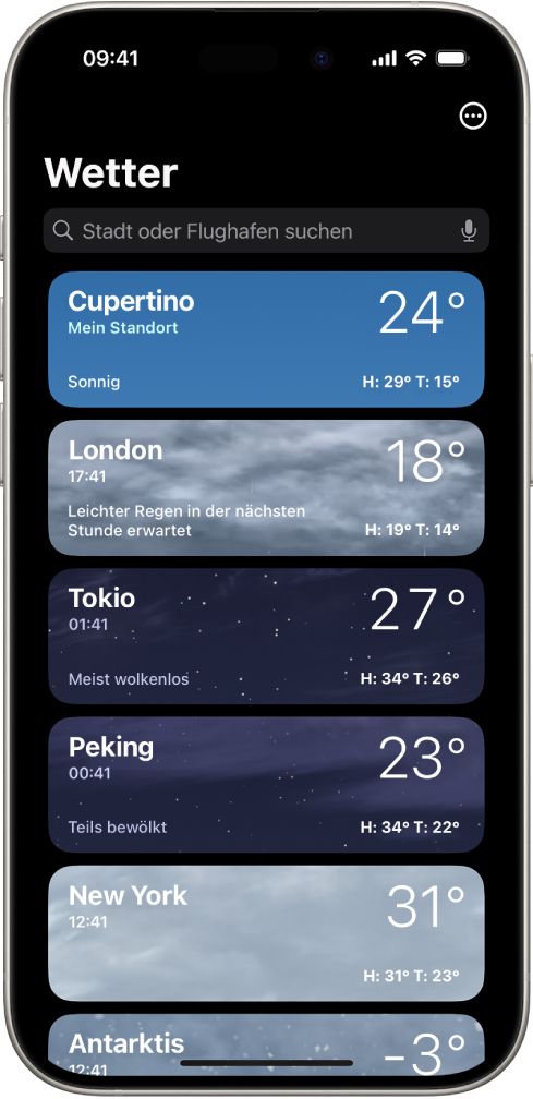 Der Bildschirm der App „Wetter“ mit einer Liste von Städten, für die die aktuelle Uhrzeit, die Temperatur, die Vorhersage und die Höchst- und Tiefsttemperatur angezeigt werden. Oben auf dem Bildschirm befindet sich das Suchfeld und oben rechts ist die Taste „Mehr“.