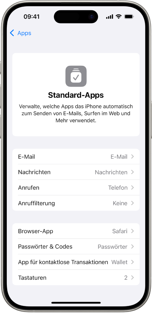 Der Bildschirm für das Ändern der Standard-Apps zum Senden von E-Mails, Surfen im Web und mehr.