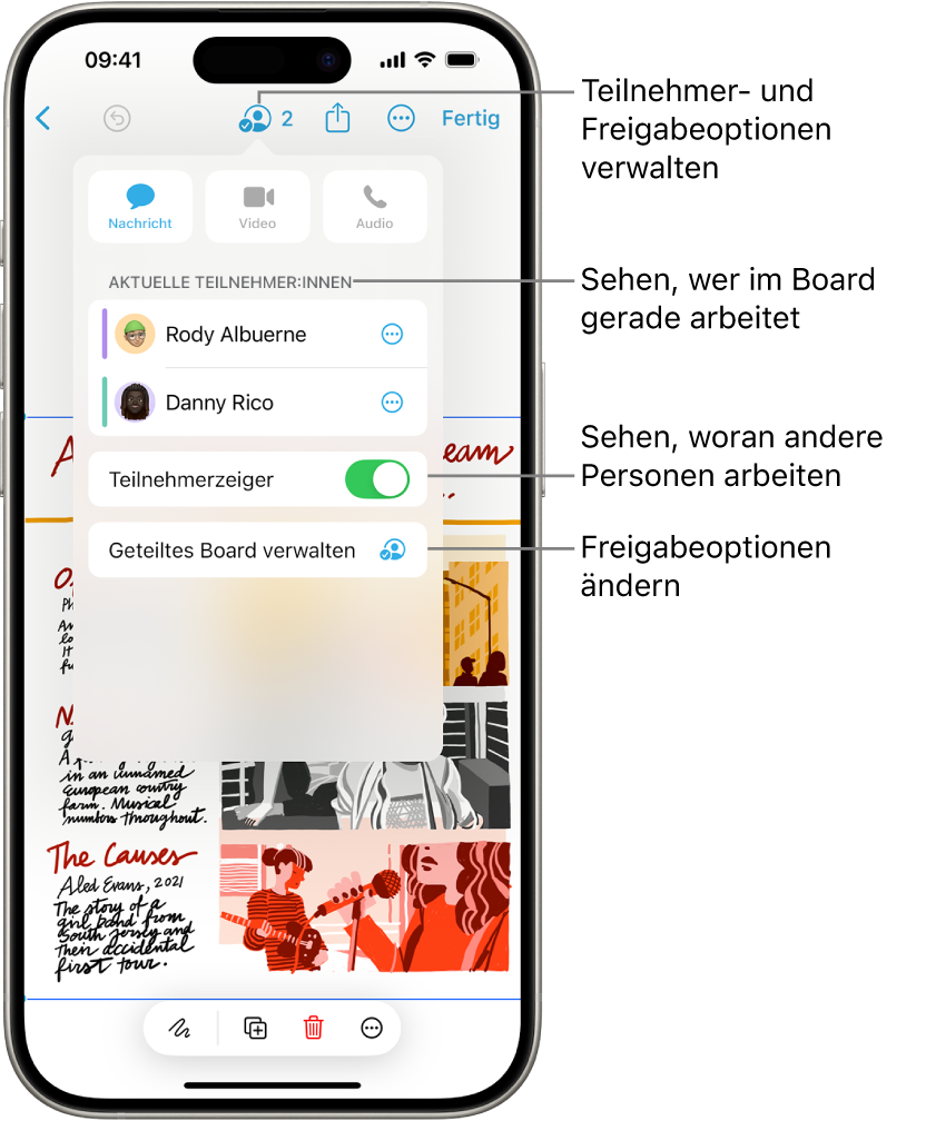 Ein geteiltes Freeform-Board auf dem iPhone mit dem geöffneten Menü zum Zusammenarbeiten.