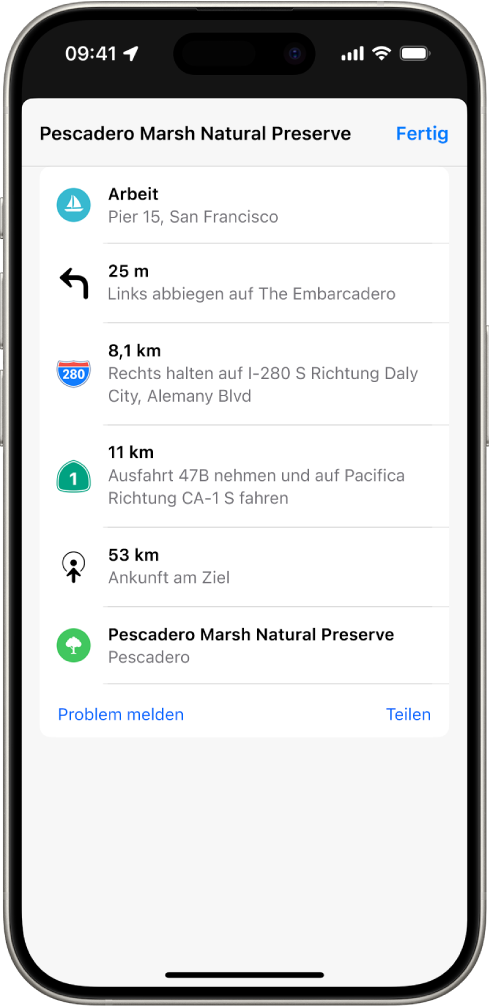 Die detaillierten Wegbeschreibungen einer Route werden in einer Liste angezeigt.