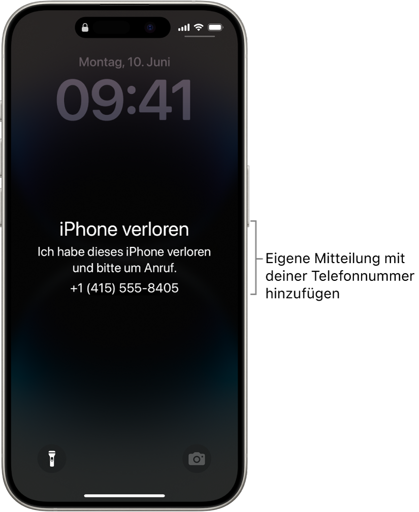 Ein iPhone-Sperrbildschirm mit der Nachricht „iPhone verloren“. Du kannst eine eigene Nachricht mit deiner Telefonnummer hinzufügen.