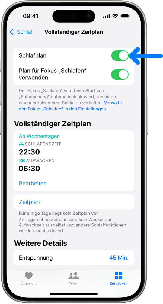 Der Schlafbildschirm „Vollständiger Zeitplan“ in der App „Health mit der aktivierten Option „Schlafplan“ oben.