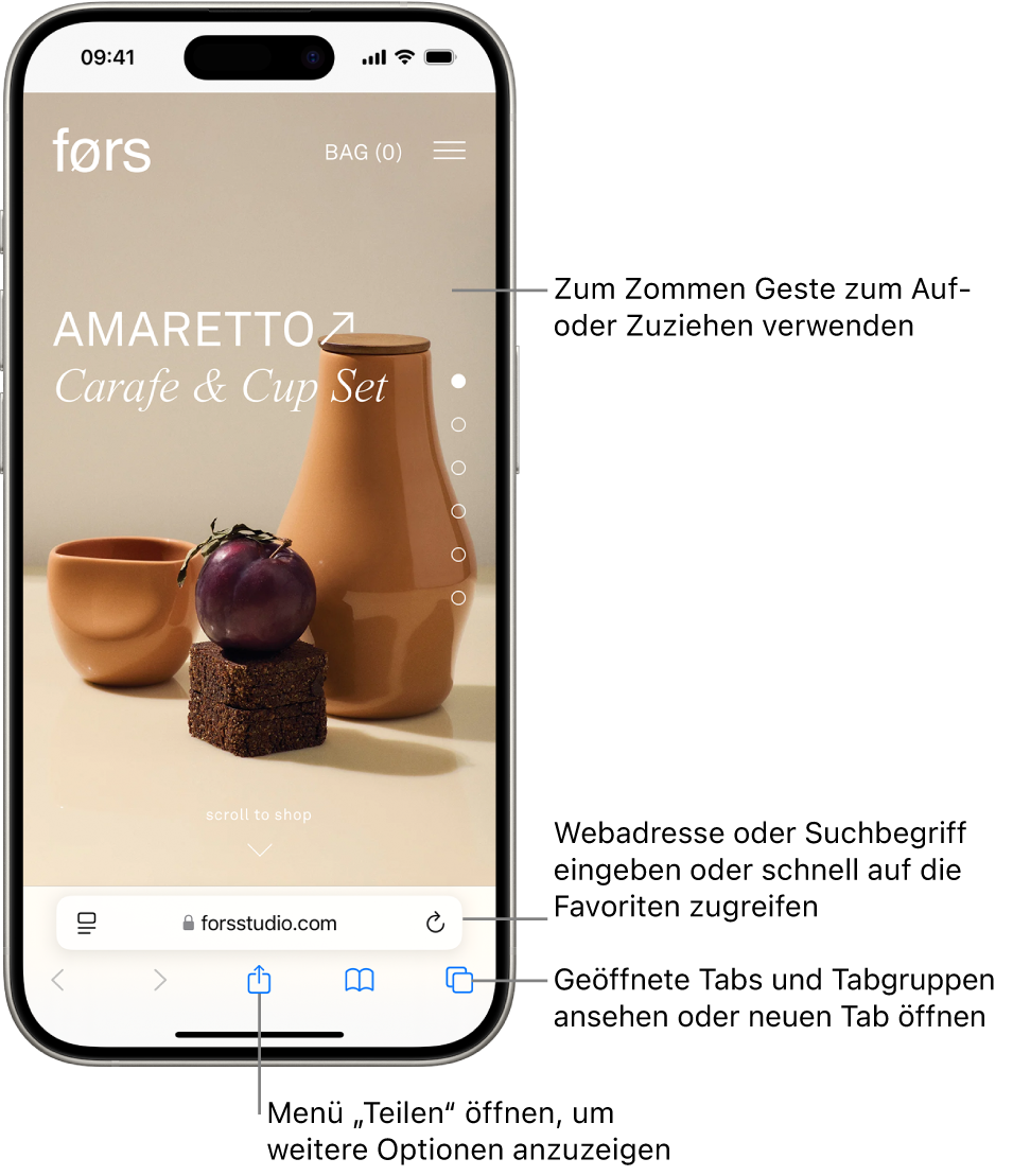 Eine Website ist in Safari geöffnet, das Adressfeld befindet sich unten. Unten sind von links nach rechts die Tasten „Zurück“, „Vorwärts“, „Teilen“, „Lesezeichen“ und Tabs“.