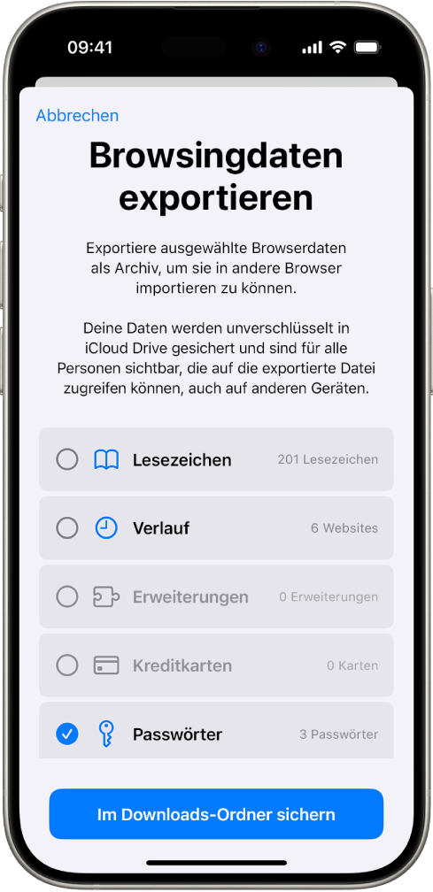 Der Bildschirm „Browsingdaten exportieren“ mit der ausgewählten Option „Passwörter“ für das Exportieren zu einem anderen Passwortmanager.