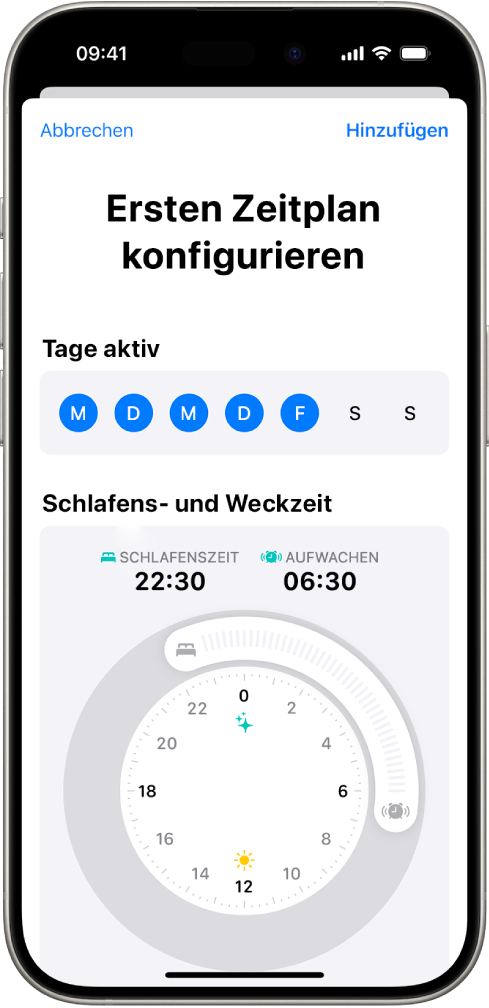 Der Bildschirm „Ersten Zeitplan konfigurieren“ in der App „Health“ mit dem Bereich „Tage aktiv“ und Uhren für „Schlafenszeit“ und „Aufwachen“.