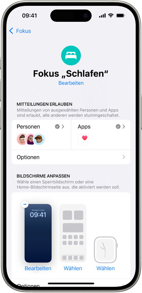 Der Bildschirm für den Fokus „Schlafen“ mit der Erlaubnis zum Senden von Mitteilungen für drei Personen und eine App.