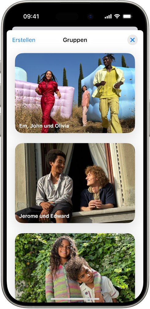Im Bereich „Personen & Haustiere“ der App „Fotos“ ist „Gruppen“ geöffnet und zeigt eine Liste mit Sammlungen an, die mit den Namen der Personen in der jeweiligen Gruppe benannt sind.