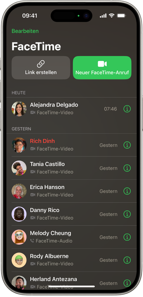 Der Bildschirm zum Tätigen eines FaceTime-Anrufs mit den Tasten „Link erstellen“ und „Neuer FaceTime-Anruf“ zum Starten eine FaceTime-Anrufs.