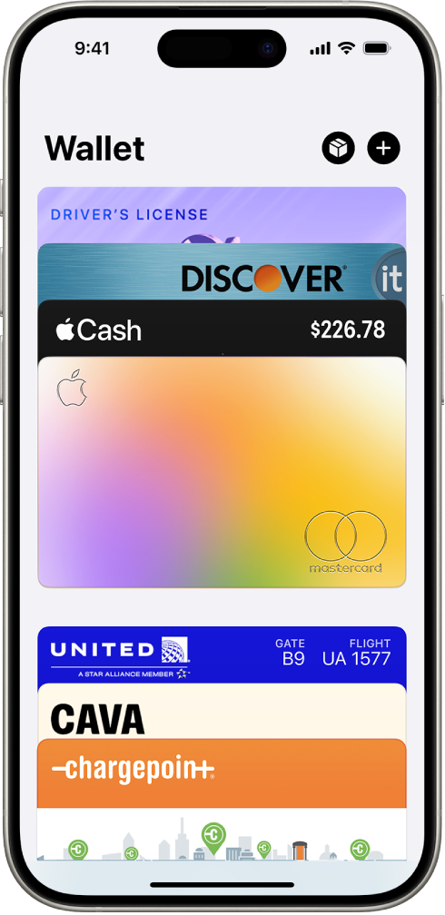 The Wallet screen, showing multiple cards and passes.