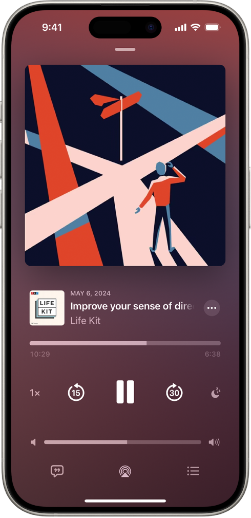 The Now Playing tab in the Podcasts app, showing the podcast artwork, the episode title, the playback controls, and the volume slider. At the bottom of the screen is the AirPlay icon and the Playing Next button.