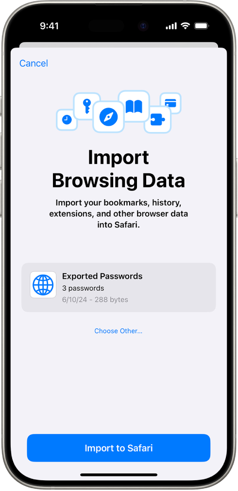 The Import Browsing Data screen, showing the CSV file of passwords from another password manager to be imported.