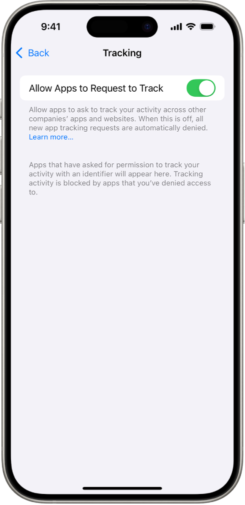 The Tracking screen, with a setting to control whether apps can request to track you across websites or apps owned by other companies.