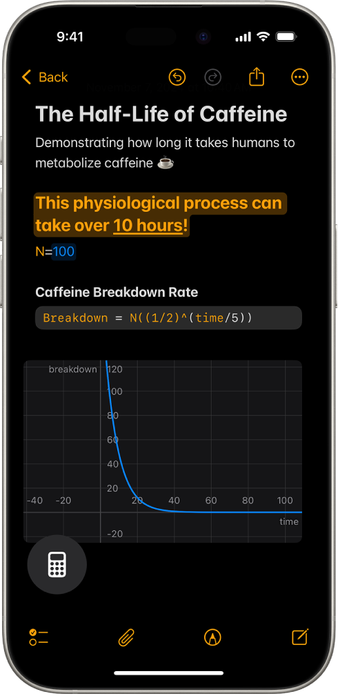 A Math Note open in Calculator, with a declared variable, an equation, and a graph.