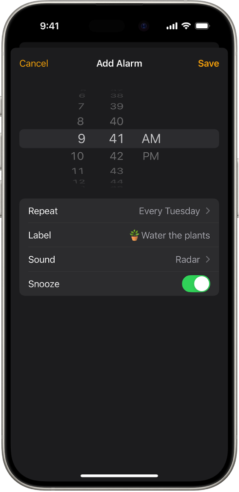 A screen for changing an alarm, with settings to change the time of the alarm, choose whether the alarm repeats, add an alarm label, select an alarm sound, and turn on snooze.