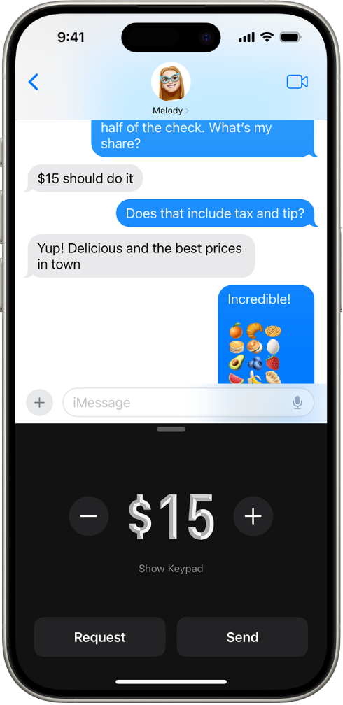 An iMessage conversation with Apple Pay open at the bottom.