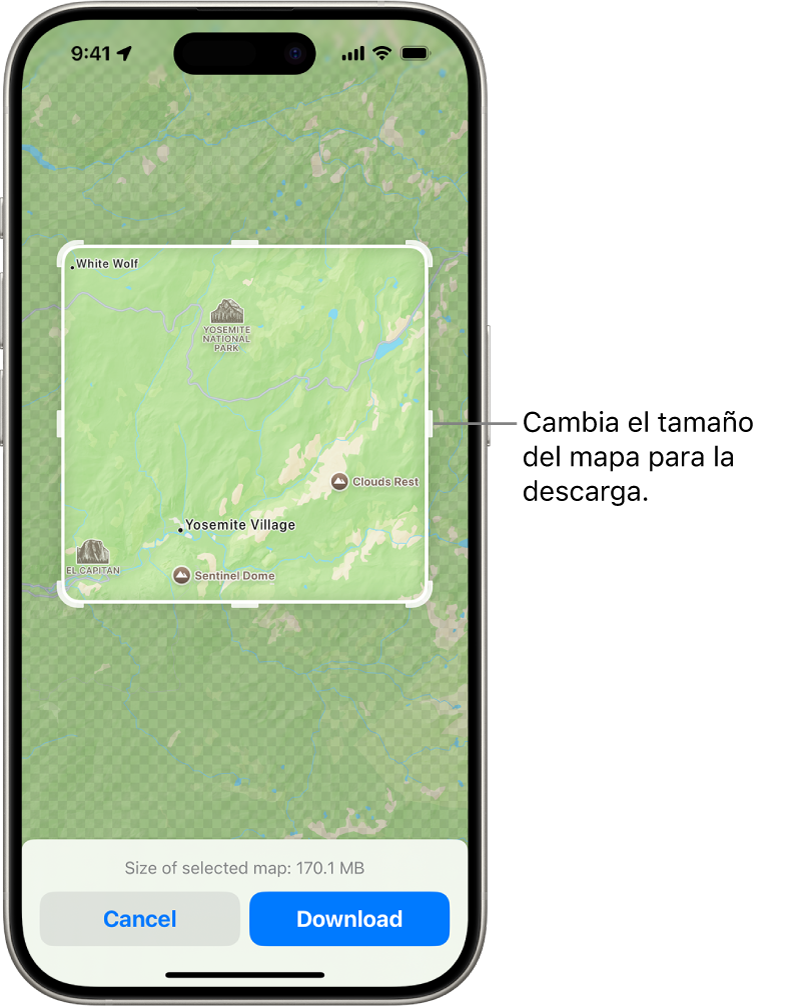 Un mapa de un parque nacional. El parque está dentro de un rectángulo con manijas, las cuales se pueden mover para cambiar el tamaño del mapa a descargar. El tamaño de descarga del mapa seleccionado se indica cerca de la parte inferior de este. En la parte inferior de la pantalla se muestran los botones Cancelar y Descargar.