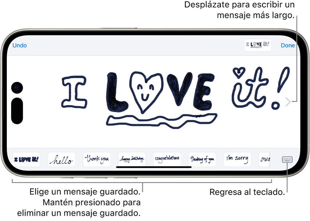 El lienzo para redactar un mensaje escrito a mano. En la parte inferior, de izquierda a derecha, se encuentran elementos escritos a mano y el botón Teclado.