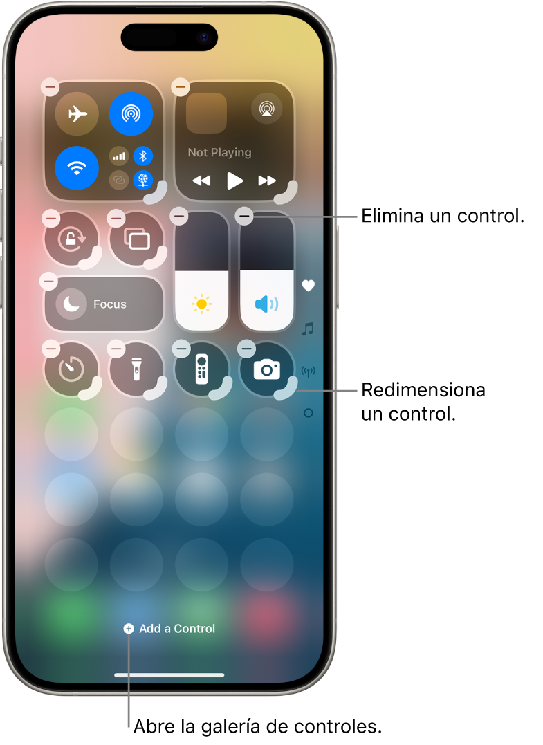 El centro de control se está editando y tiene el botón Eliminar y la manija de redimensionamiento en cada control.
