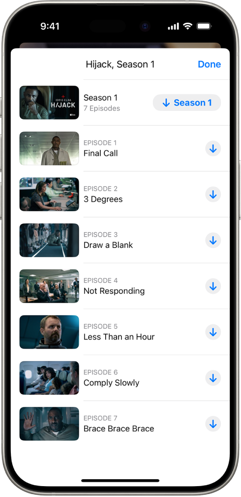 La pestaña Apple TV+ mostrando una lista de los episodios de una serie Apple Original. Los botones para descargar la temporada completa y cada episodio están en el lado derecho de la pantalla.