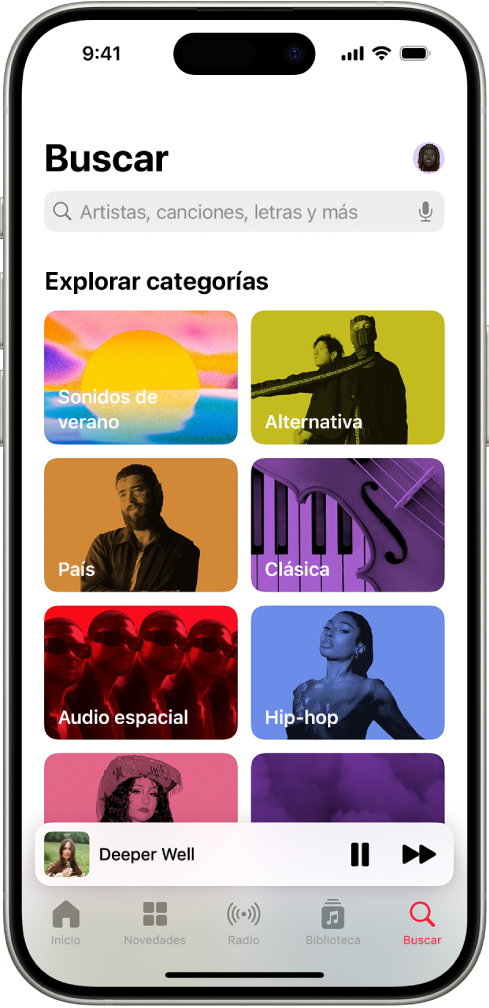 Pantalla Buscar con un campo de búsqueda en la parte superior. Debajo, la sección “Explorar categorías” muestra ocho categorías.