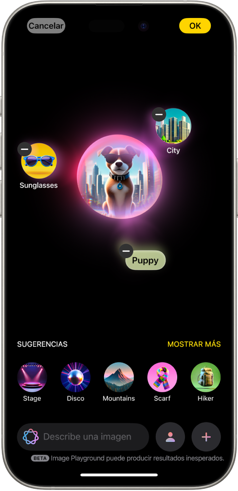 Ventana de la app Image Playground con una imagen creada de un perro con gafas de sol.