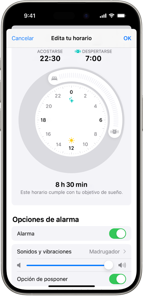 Pantalla “Edita tu horario” de la app Salud con el reloj Acostarse y Despertarse en la parte superior de la pantalla y, en la parte inferior, las opciones de alarma.