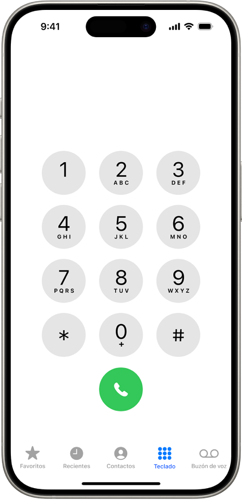 El teclado de marcación de la app Teléfono con los números del uno al nueve. Debajo del teclado está el botón verde Llamar. En la parte inferior están los botones Favoritos, Recientes, Contactos, Teclado (seleccionado) y “Buzón de voz”.