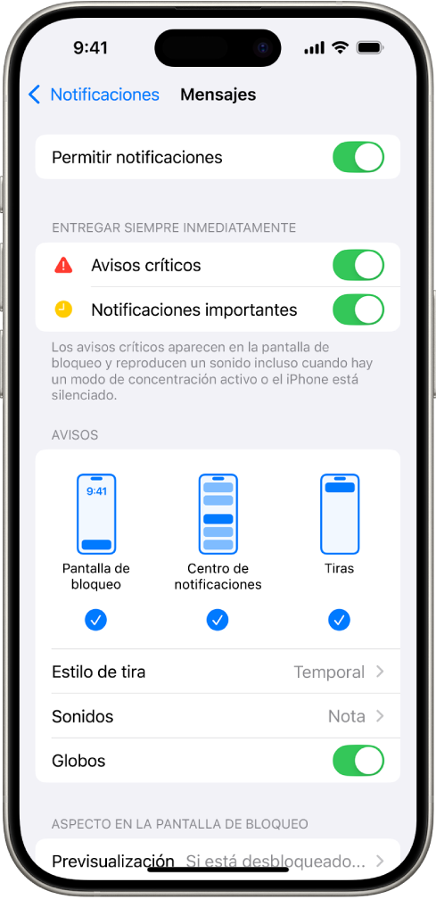 iPhone con ajustes de la app Mensajes para las notificaciones y los avisos.