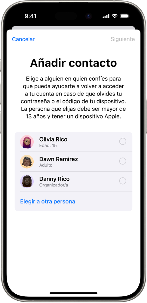 Pantalla “Añadir contacto de recuperación” con contactos sugeridos para seleccionarlos como contacto de recuperación y la opción de elegir a otra persona.