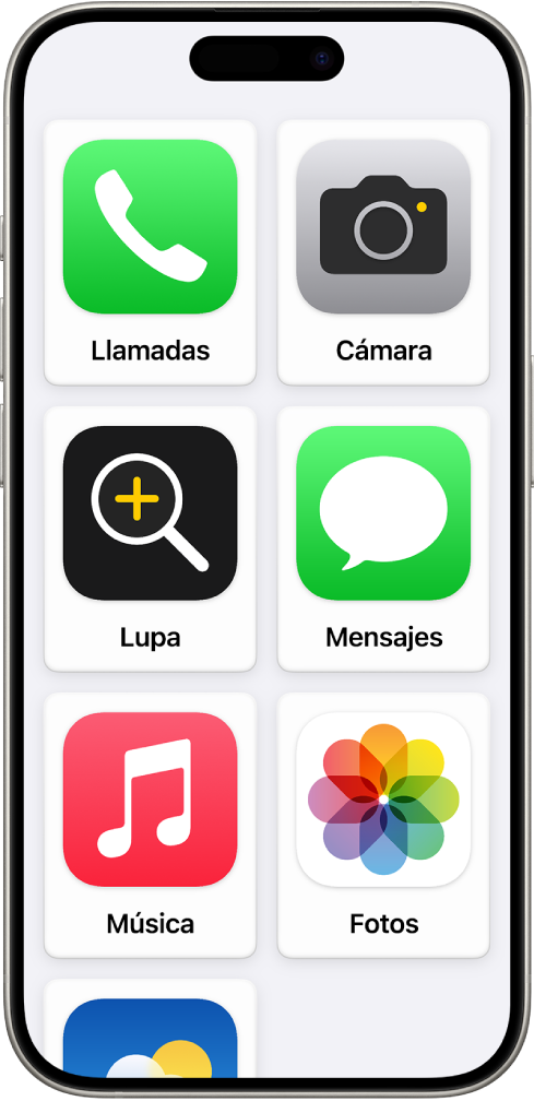 iPhone con la pantalla de inicio del acceso asistido y una cuadrícula grande de apps.