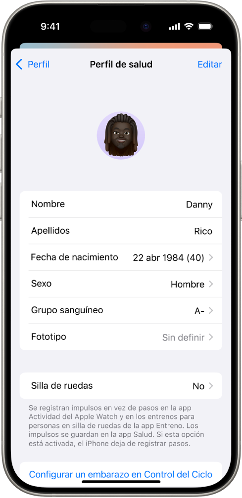 La pantalla “Perfil de salud” con campos para el nombre, la fecha de nacimiento, el grupo sanguíneo y otra información.
