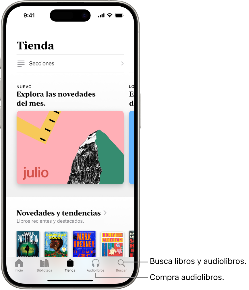 Pantalla de la tienda en la app Libros. En la parte inferior de la pantalla, de izquierda a derecha, se muestran las pestañas Inicio, Biblioteca, Tienda, Audiolibros y Buscar. La pestaña Tienda está seleccionada.