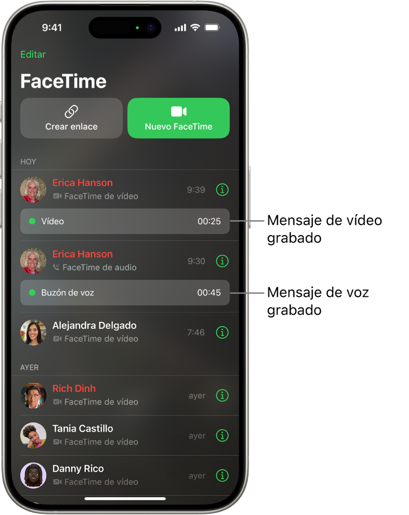 Historial de llamadas de FaceTime con enlaces a un mensaje de vídeo grabado y un buzón de voz.