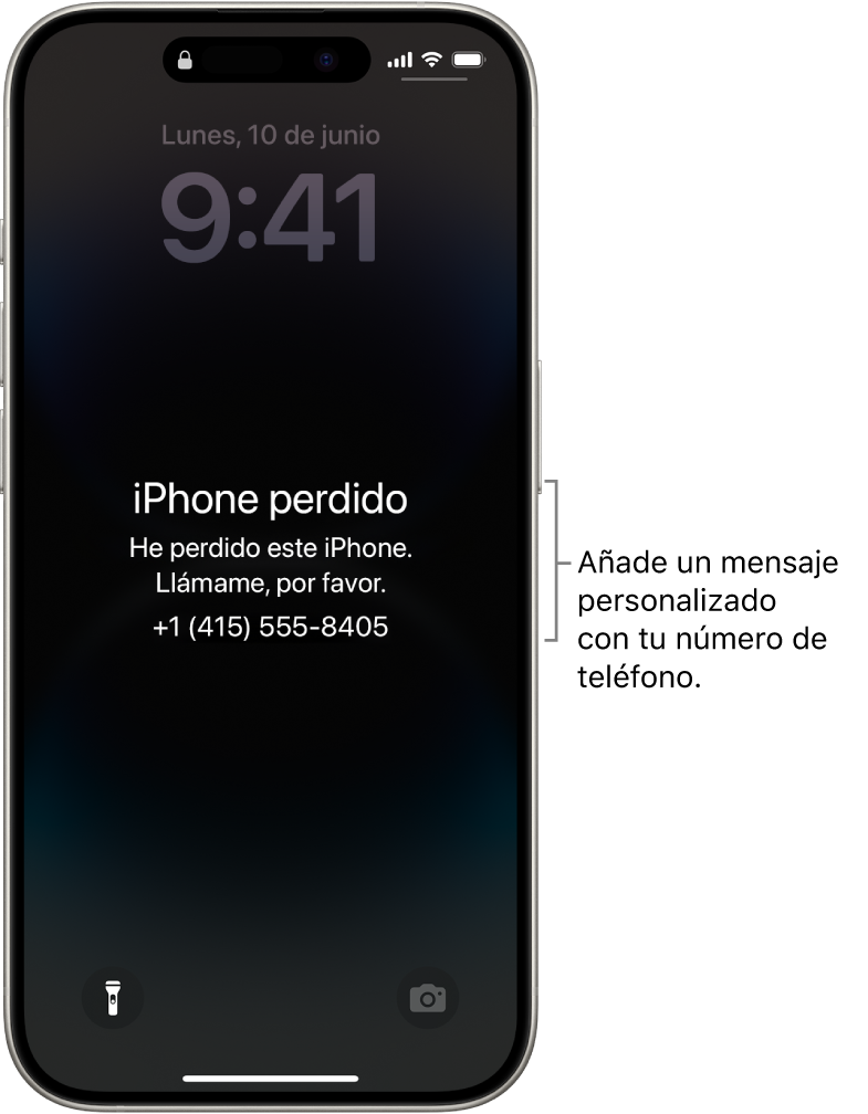 Pantalla de bloqueo con un mensaje de iPhone perdido. Puedes añadir un mensaje personalizado con tu número de teléfono.