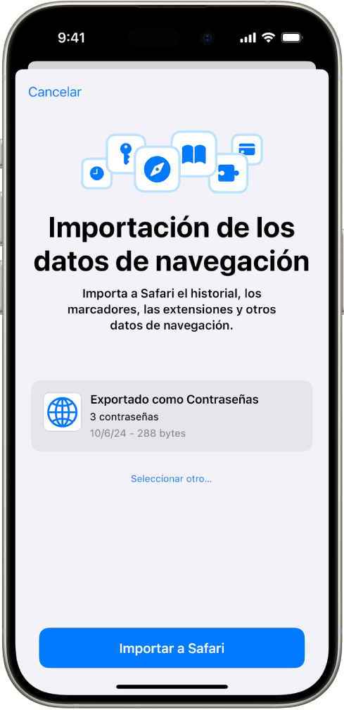 Pantalla “Importación de los datos de navegación” con el archivo CSV de otro gestor de contraseñas que se va a importar.