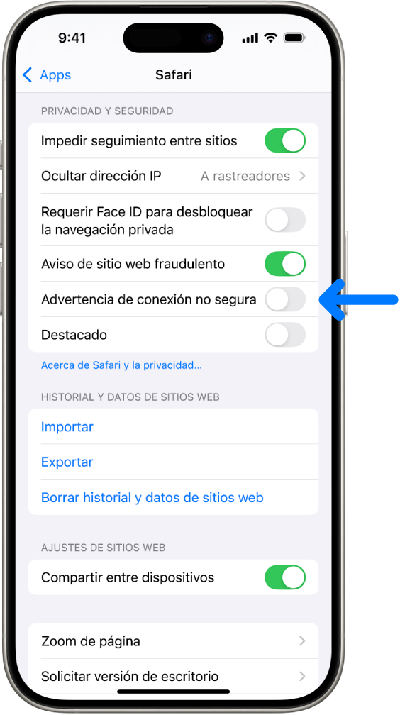 Control “Advertencia de conexión no segura”, situado debajo de “Privacidad y seguridad” en la pantalla Safari de la app Ajustes.